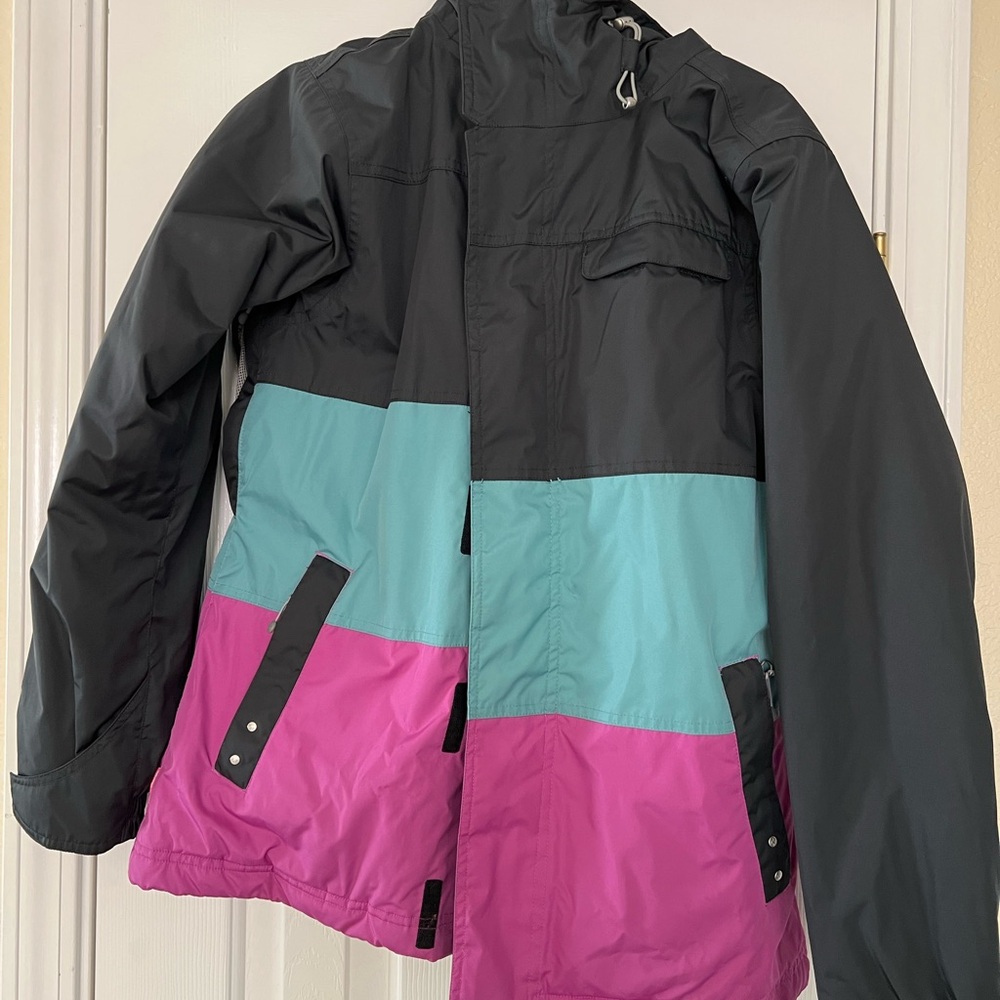 Betty Rides Blue, Pink and Black womens snowboarding jacket